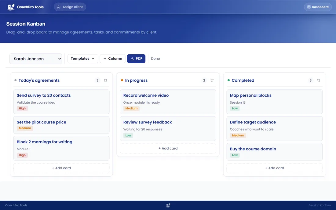 Client agreements kanban board
