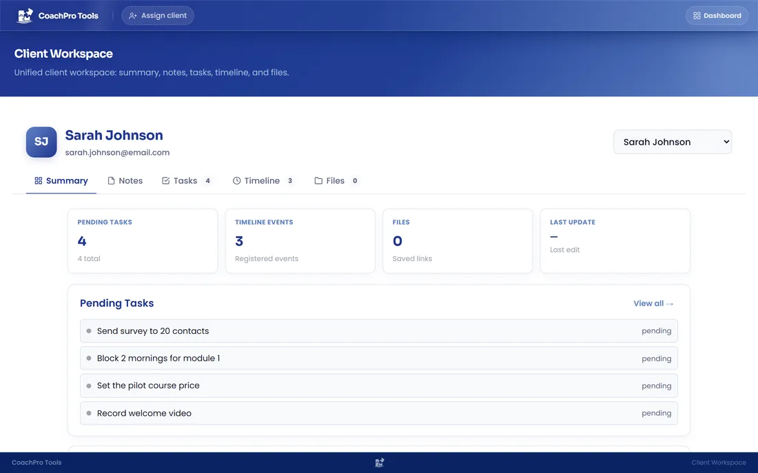 Client workspace with notes, tasks and timeline