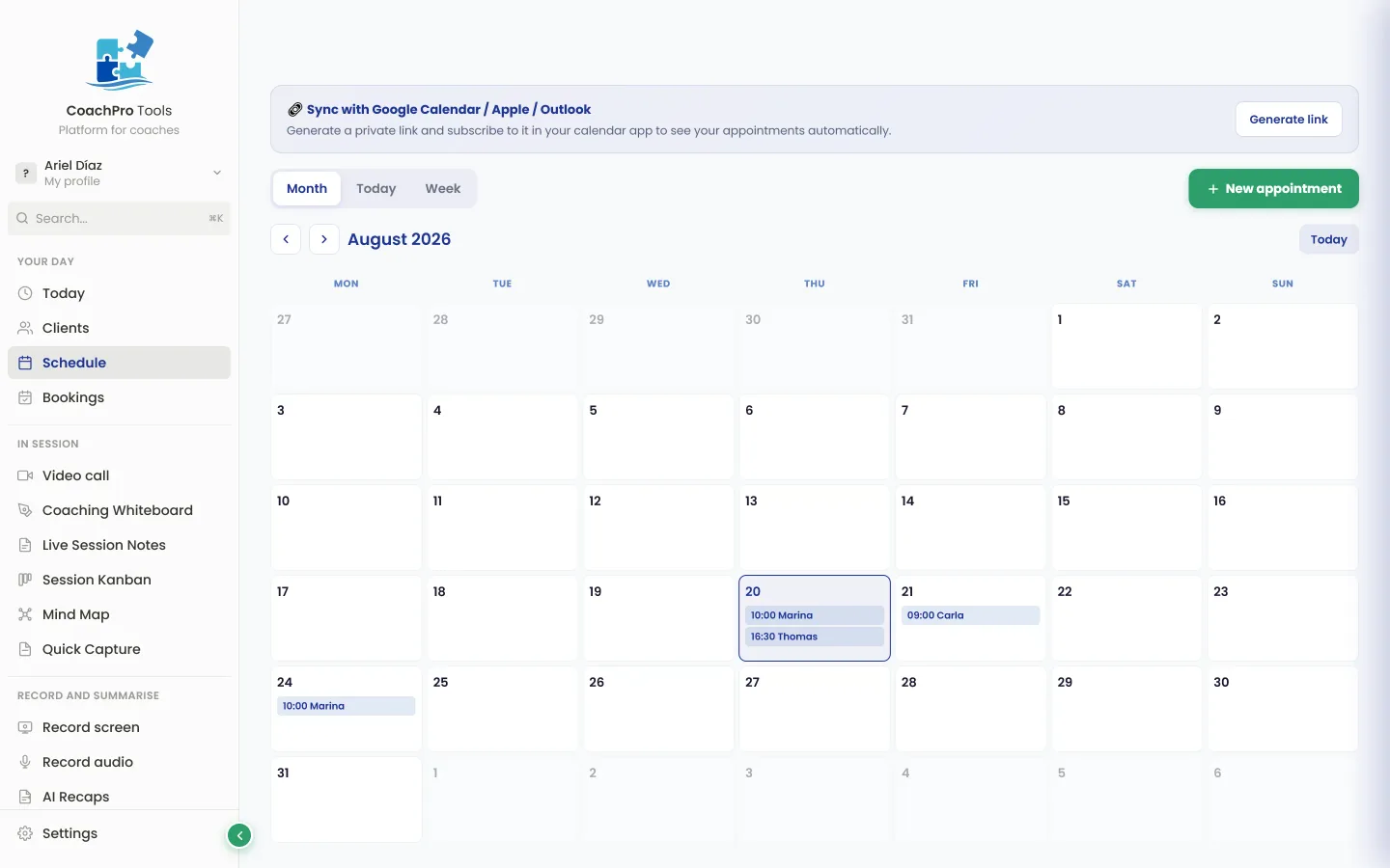 Weekly calendar with appointments and durations