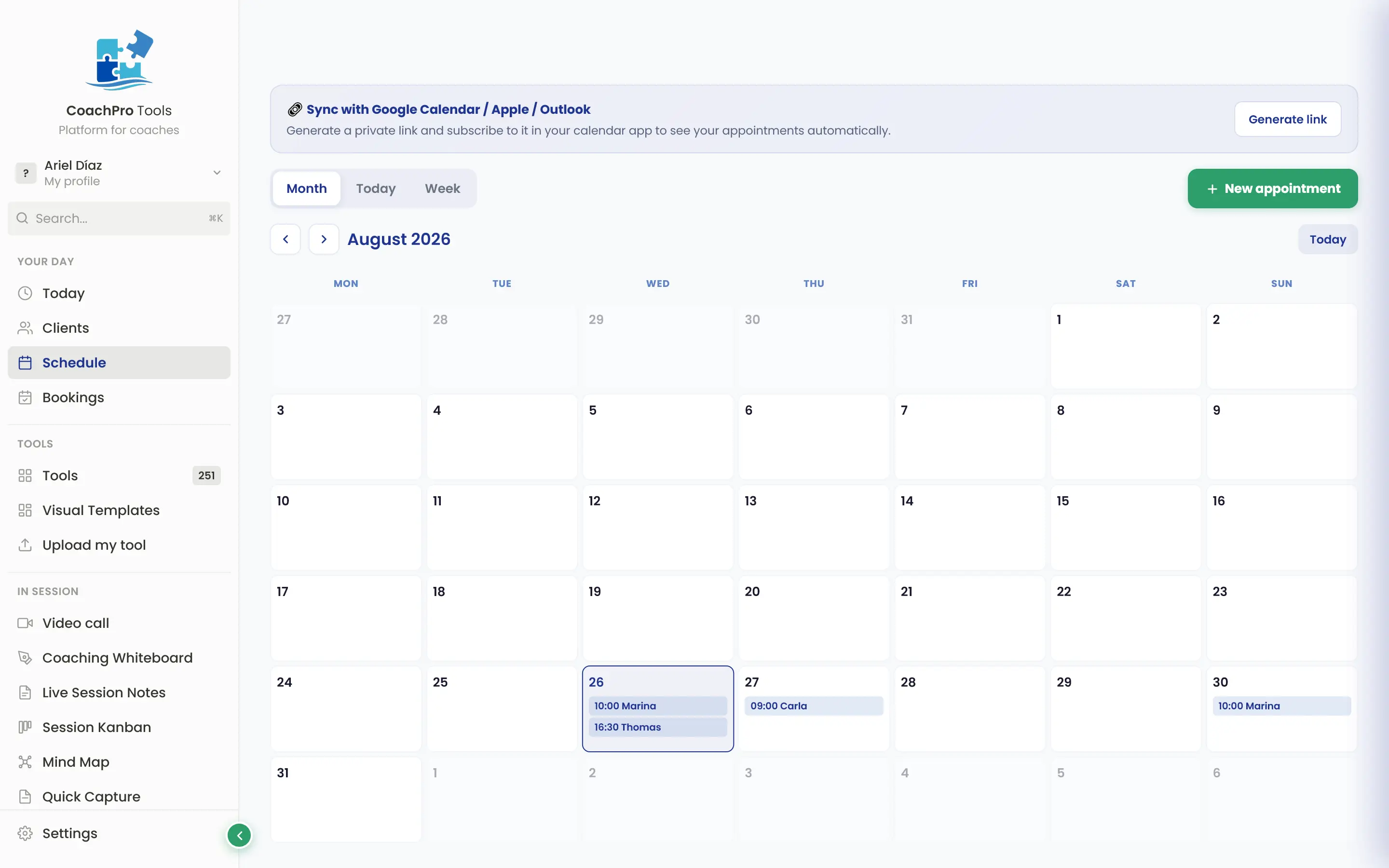 Calendar and bookings in CoachPro