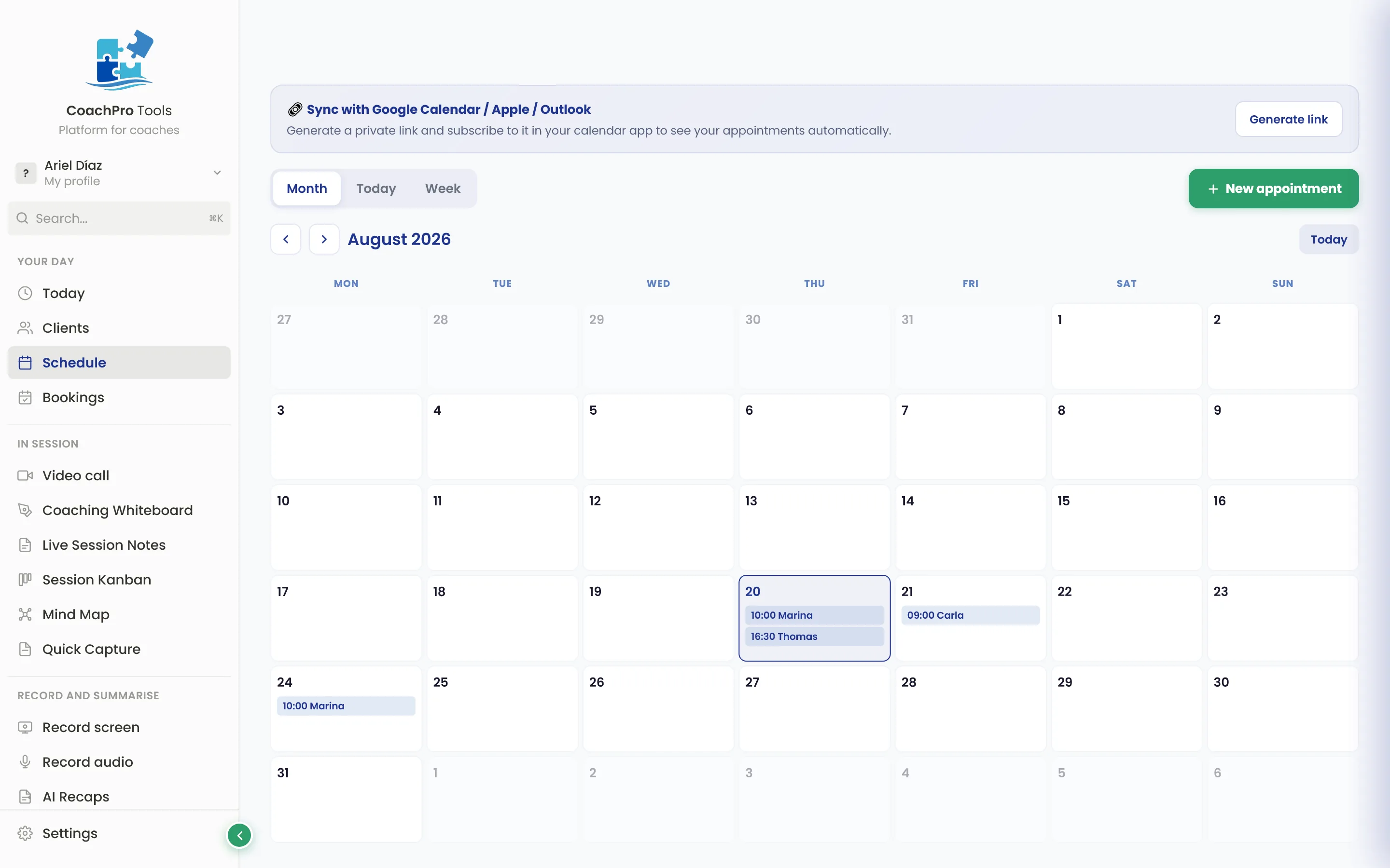 Calendar and bookings in CoachPro
