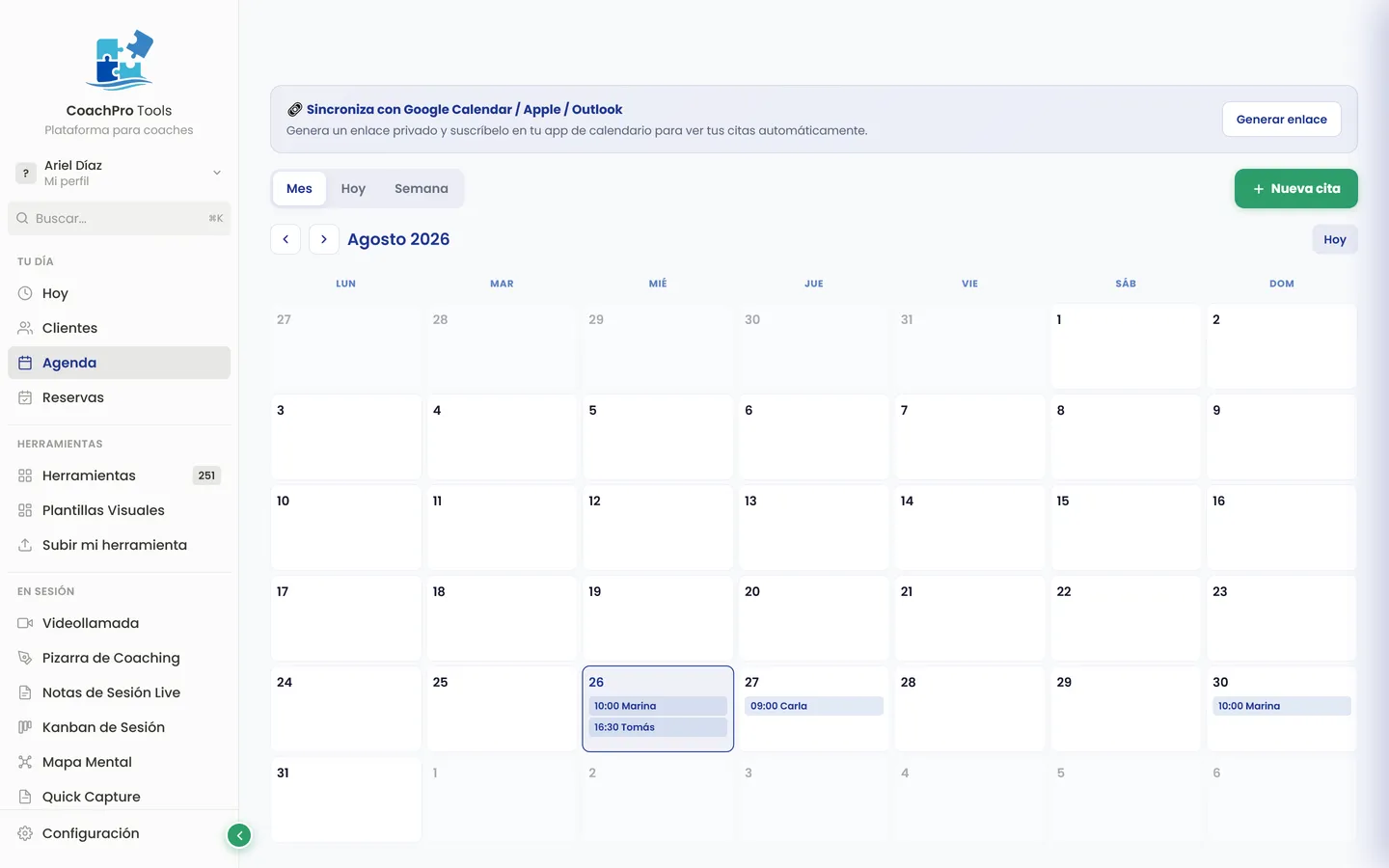Agenda y reservas en CoachPro