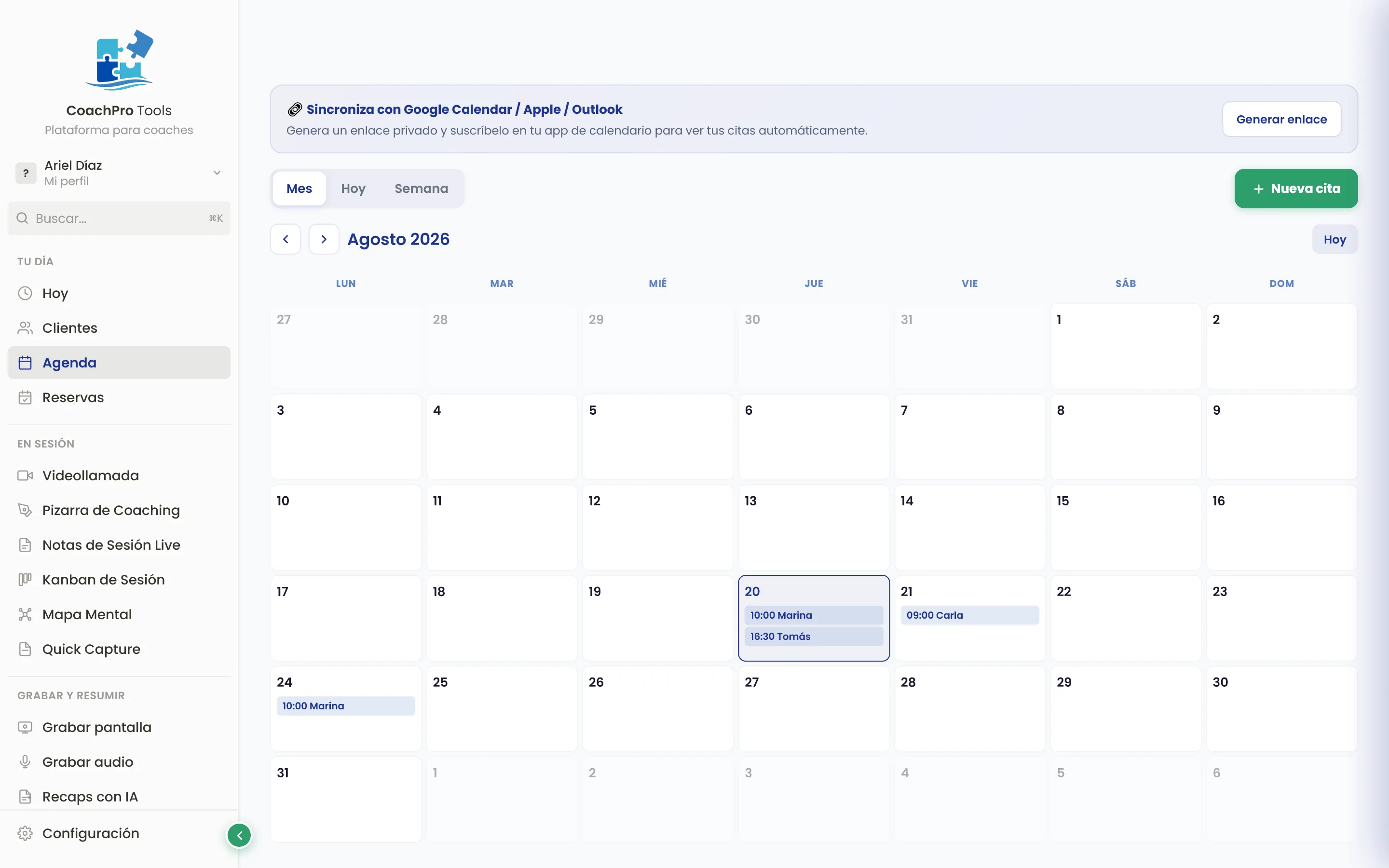 Agenda y reservas en CoachPro