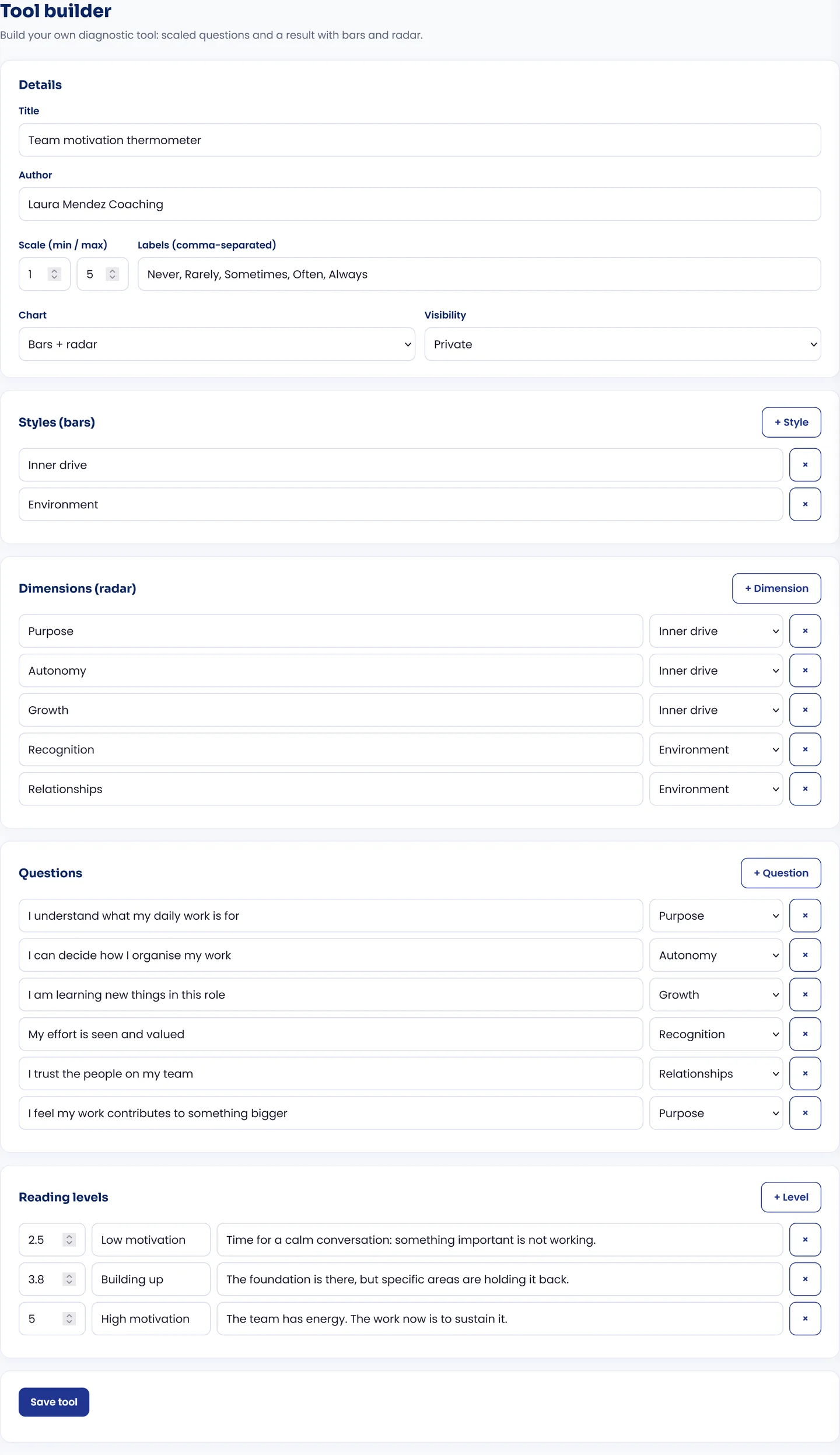 CoachPro Tools Tool builder with a team motivation thermometer: details, styles, dimensions, questions and reading levels