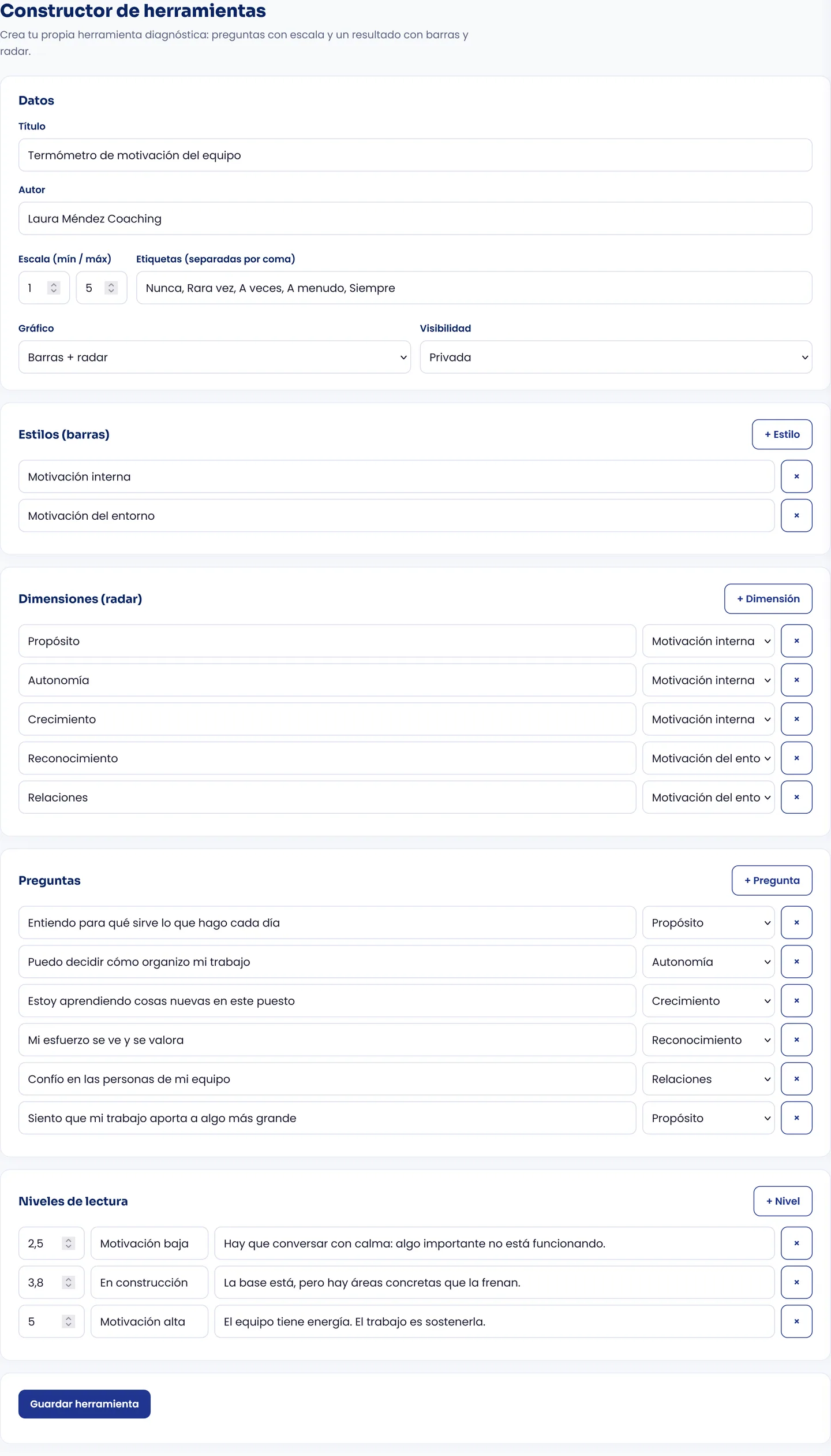 Constructor de herramientas de CoachPro Tools con un termómetro de motivación del equipo: datos, estilos, dimensiones, preguntas y niveles de lectura