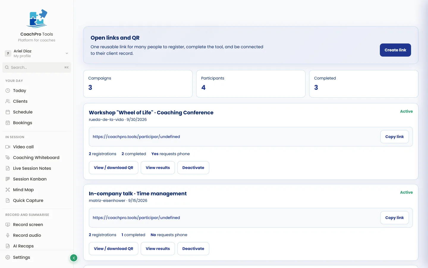 Open links and QR codes for working with groups in CoachPro Tools