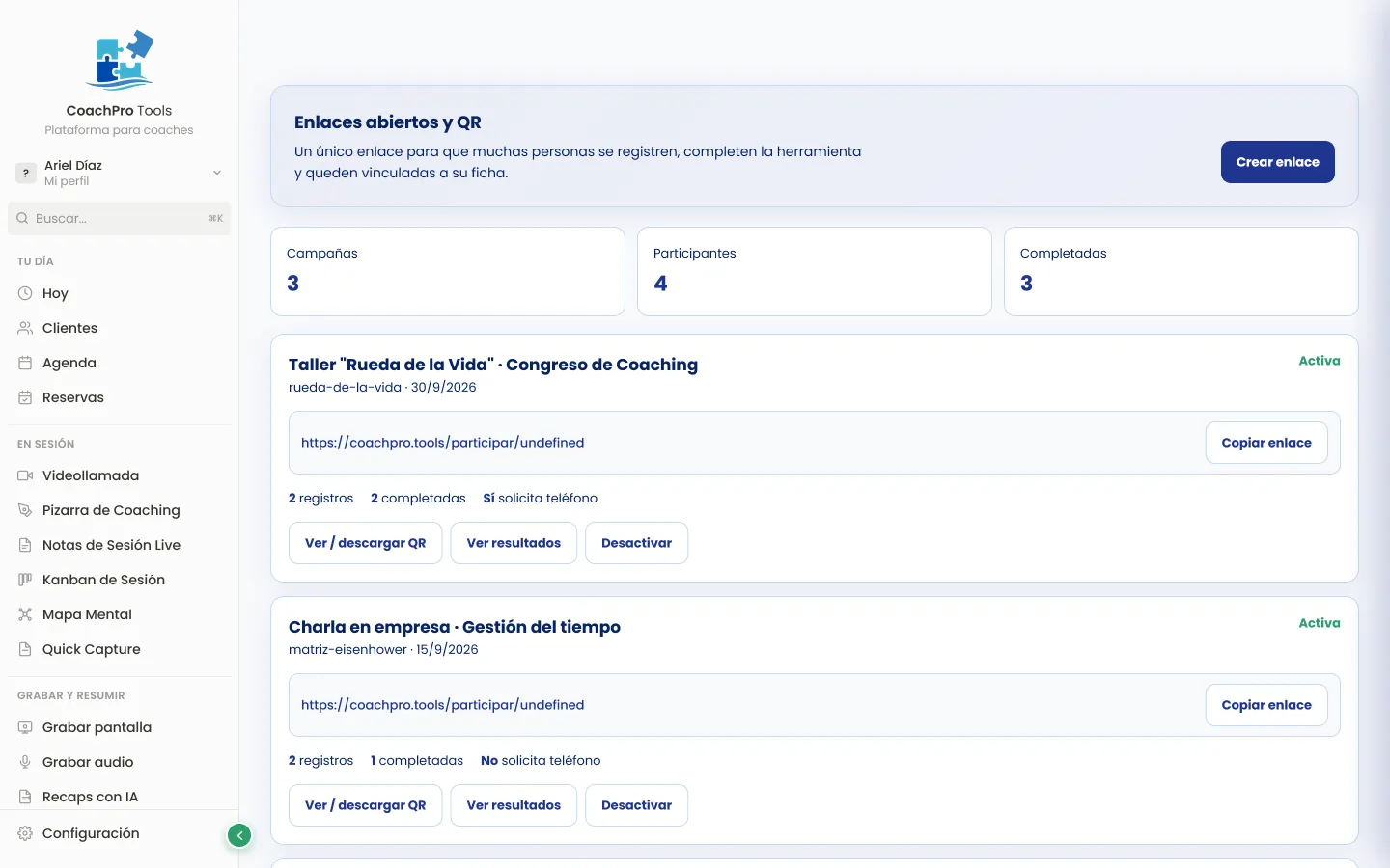 Enlaces abiertos y codigos QR para trabajar con grupos en CoachPro Tools