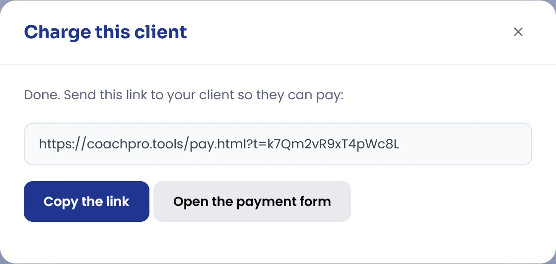 Charge this client window in CoachPro Tools with the payment link ready to copy and send to the client