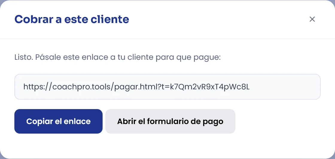 Ventana Cobrar a este cliente de CoachPro Tools con el enlace de pago listo para copiar y enviar al cliente