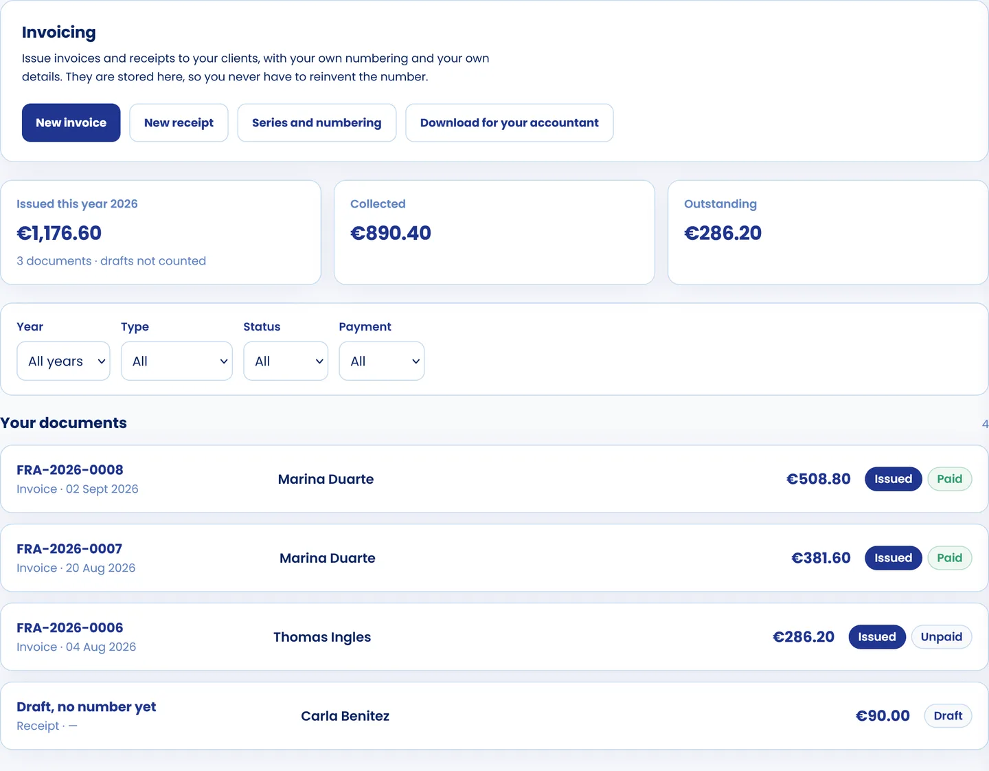 Invoicing view in CoachPro Tools: issued this year, collected and outstanding, the filters and the list of invoices and receipts with their status