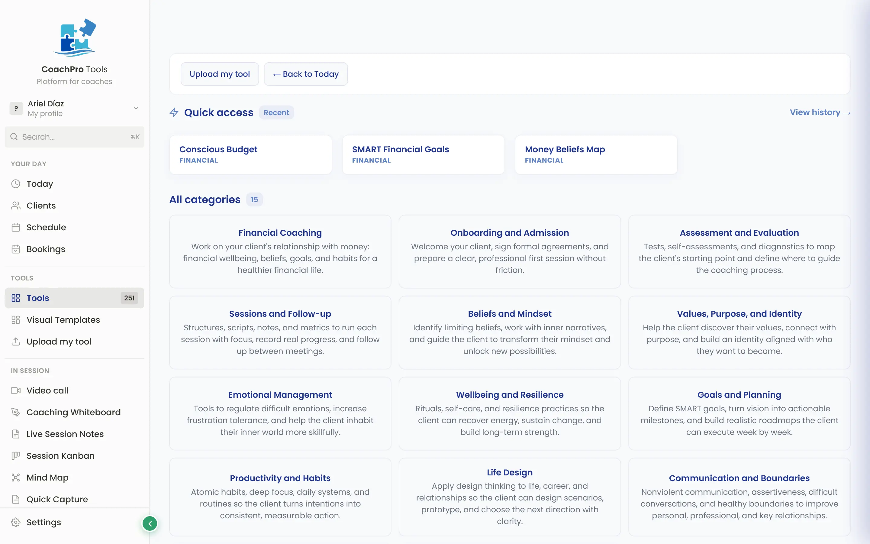 Catalogue of 262 coaching tools across 15 categories