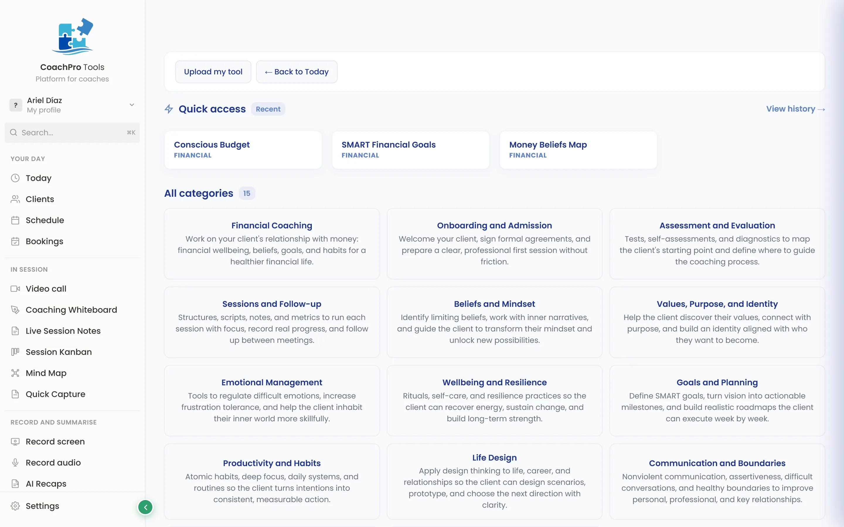 Catalog of +251 coaching tools across 15 categories