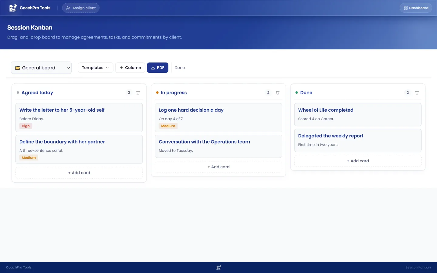 Client agreements kanban board