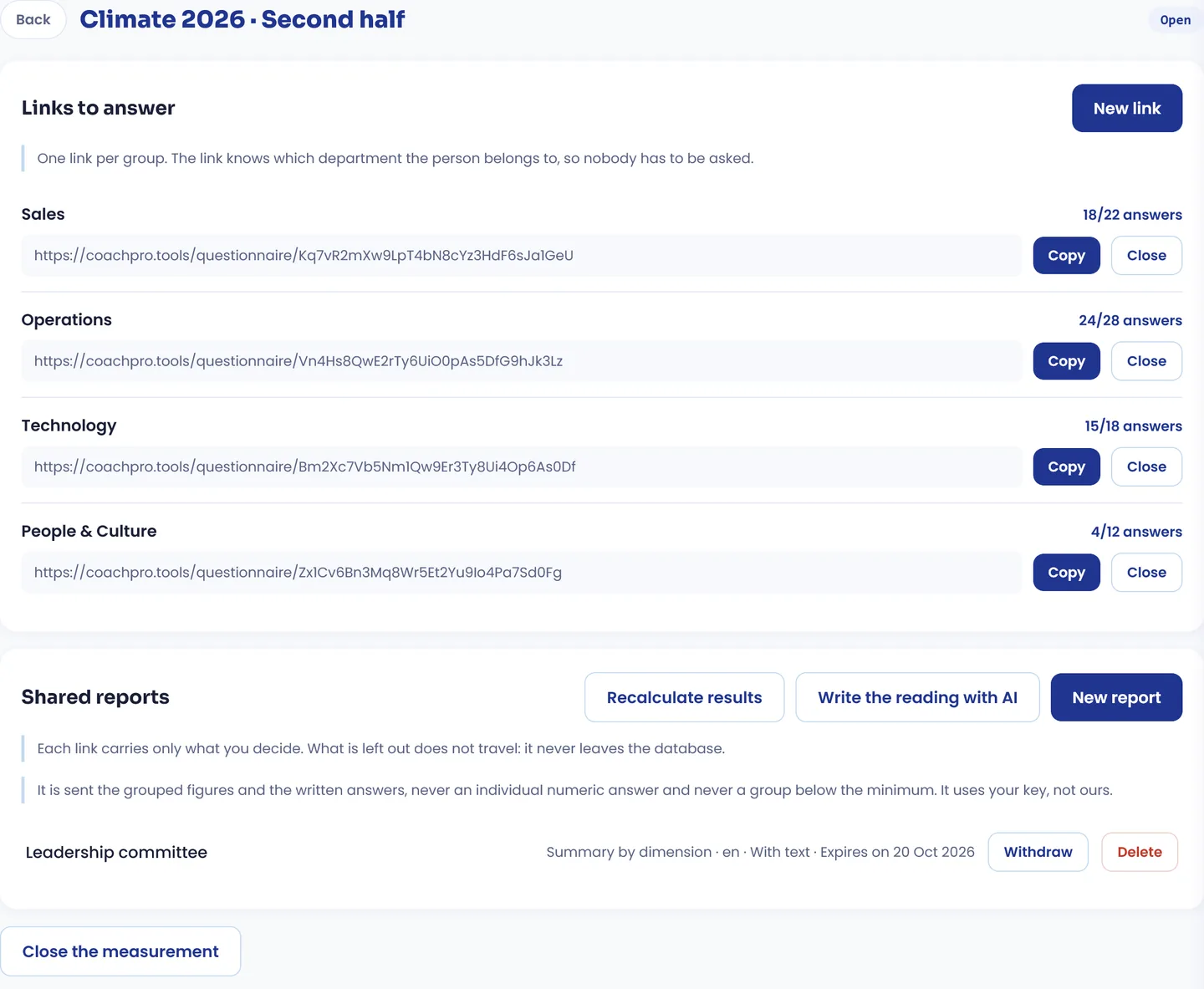 Measurement detail in CoachPro Tools: one link per department with its answer count and the shared reports section