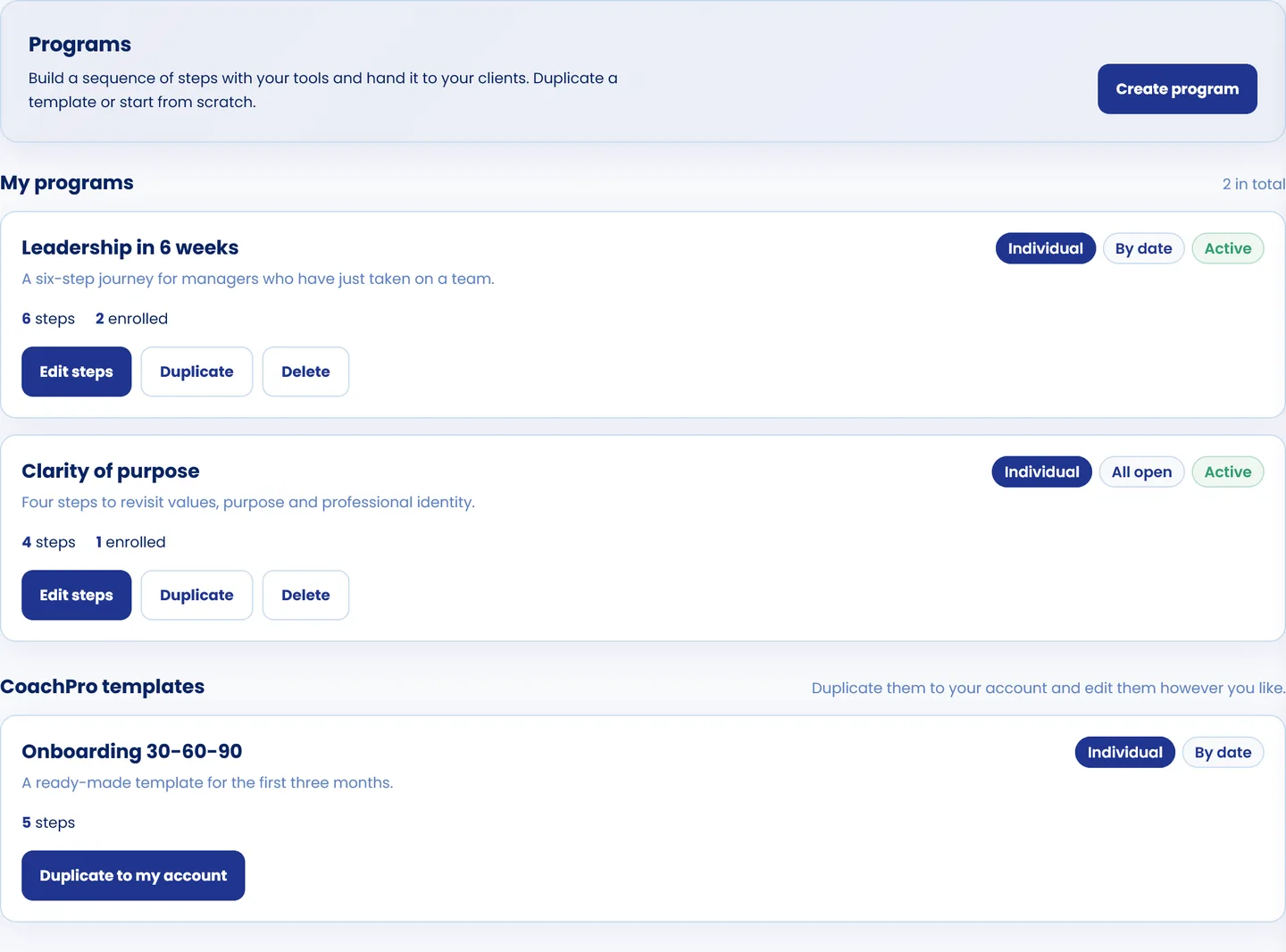 Programs view in CoachPro Tools with the coach's programs, their format, unlocking, steps and enrollments, and the CoachPro templates