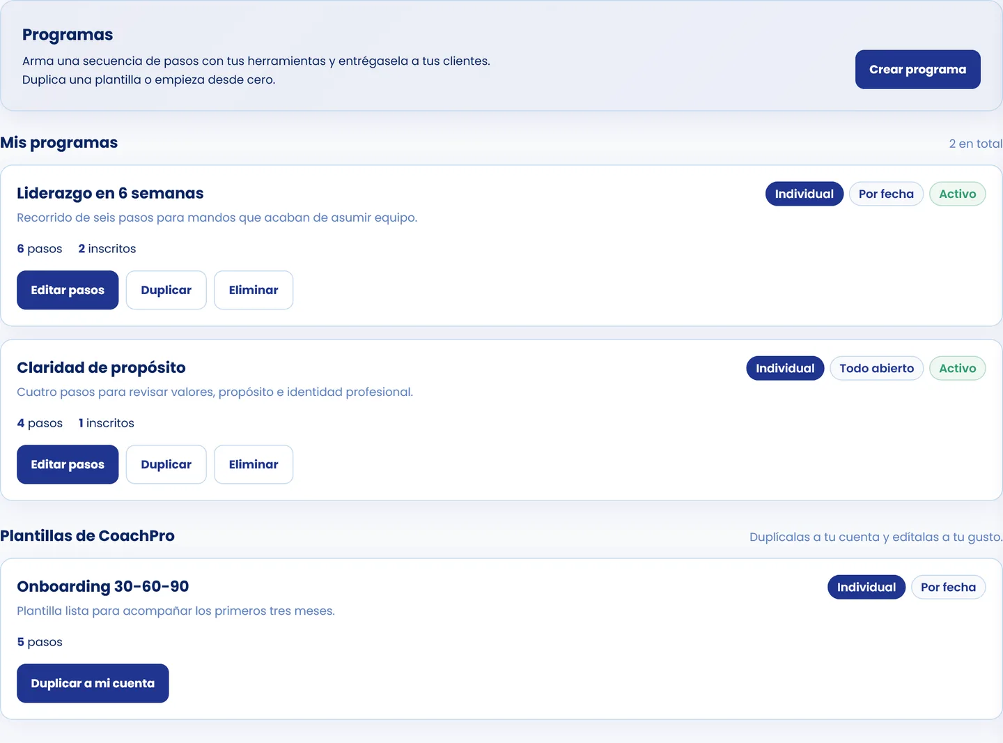 Vista Programas de CoachPro Tools con los programas del coach, su modalidad, su desbloqueo, pasos e inscritos, y las plantillas de CoachPro