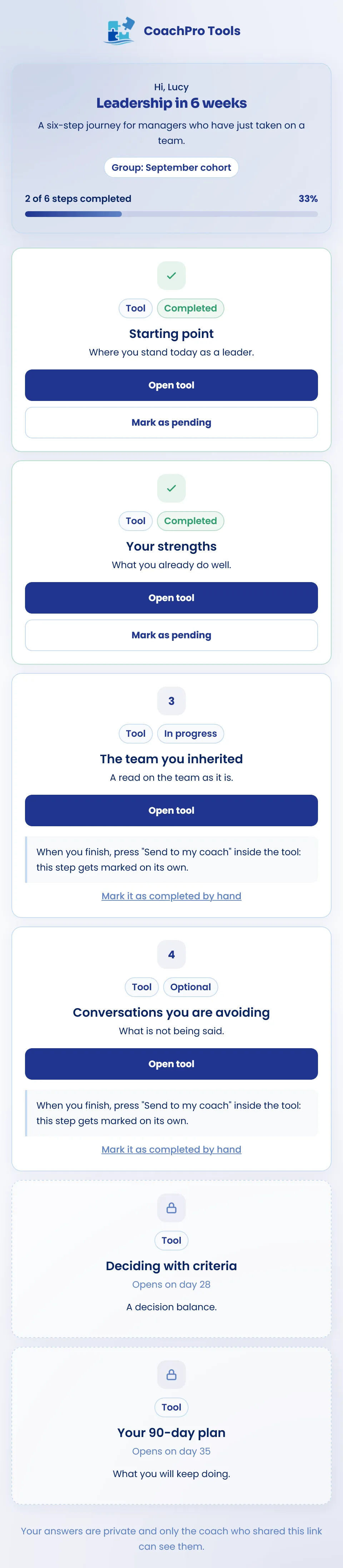Participant view of a coaching program in CoachPro Tools on a phone: progress, completed steps, a step in progress and steps locked until their date