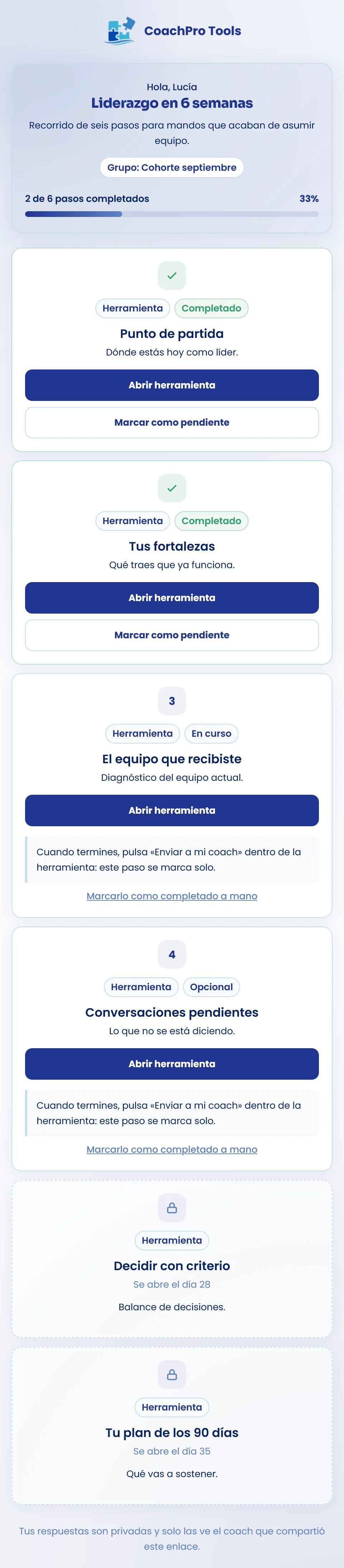 Vista del participante de un programa de coaching en CoachPro Tools en el móvil: avance, pasos completados, paso en curso y pasos bloqueados hasta su fecha
