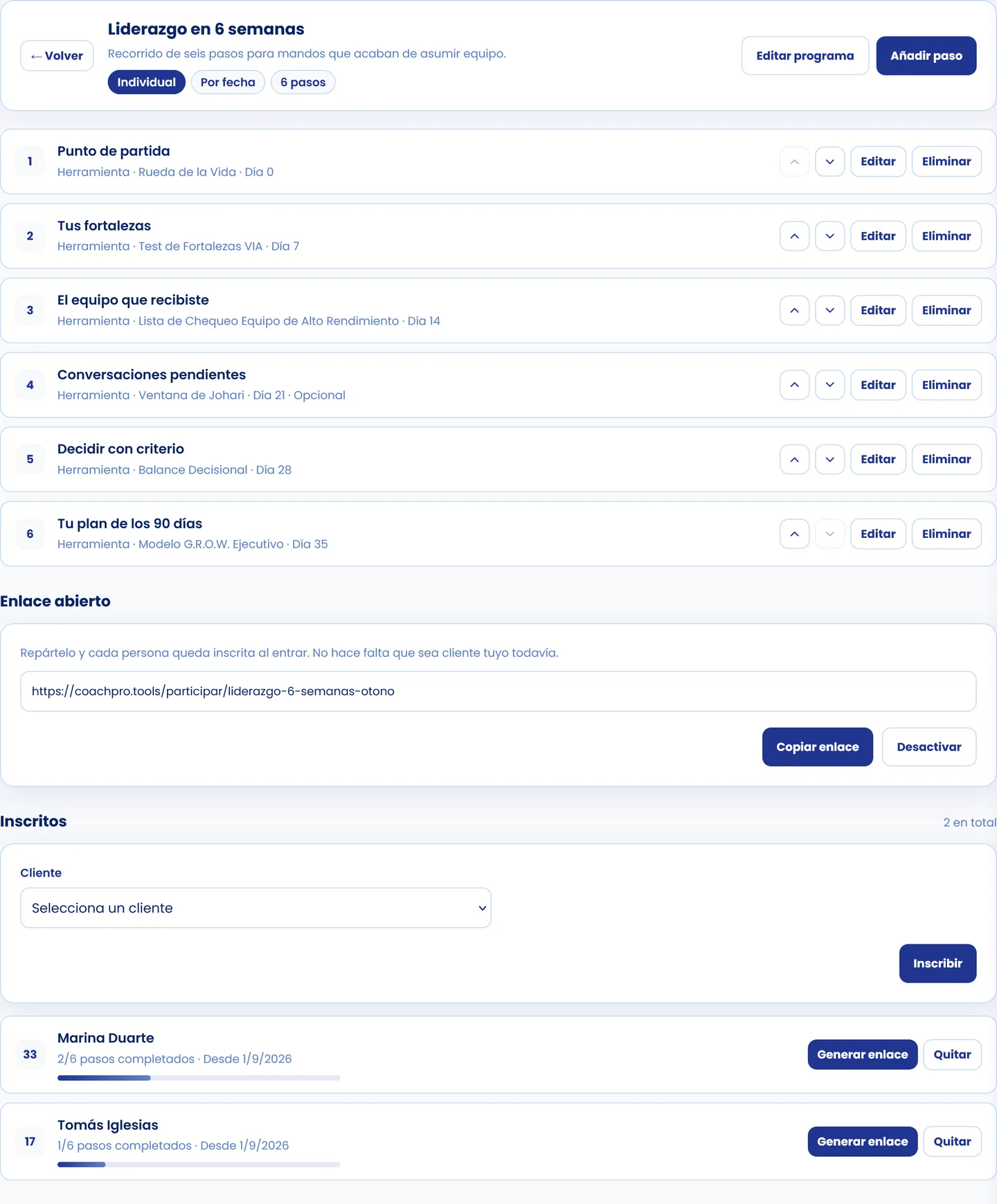 Detalle de un programa de coaching en CoachPro Tools: seis pasos con su herramienta y su día de desbloqueo, el enlace abierto y los inscritos con su progreso