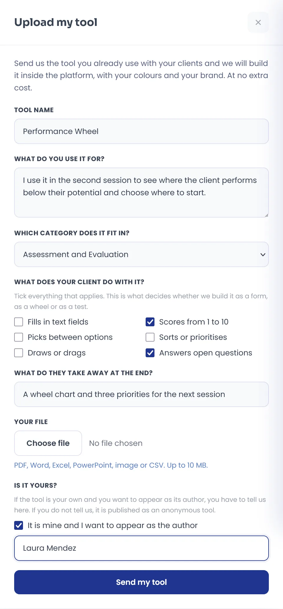 CoachPro Tools Upload my tool form with fields for name, use, category, what the client does, what they take away, file and authorship