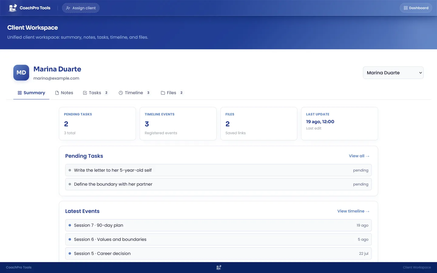 Client workspace with notes, tasks and timeline