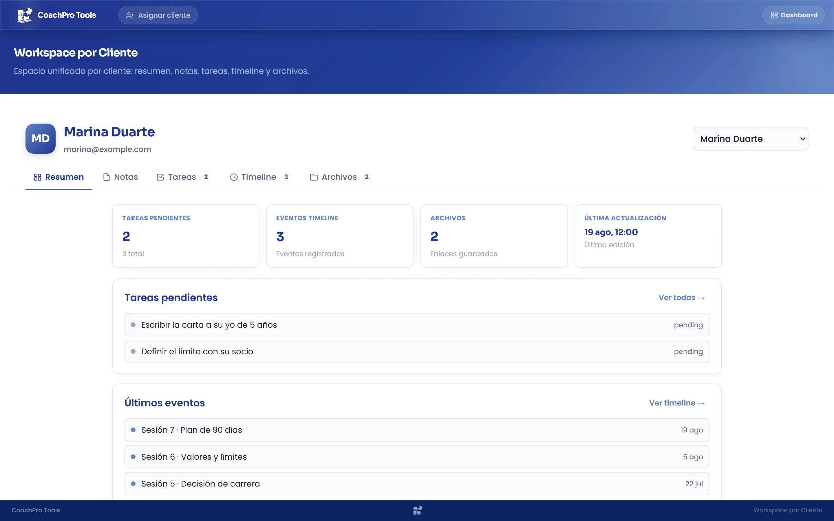 Workspace por cliente con notas, tareas y timeline