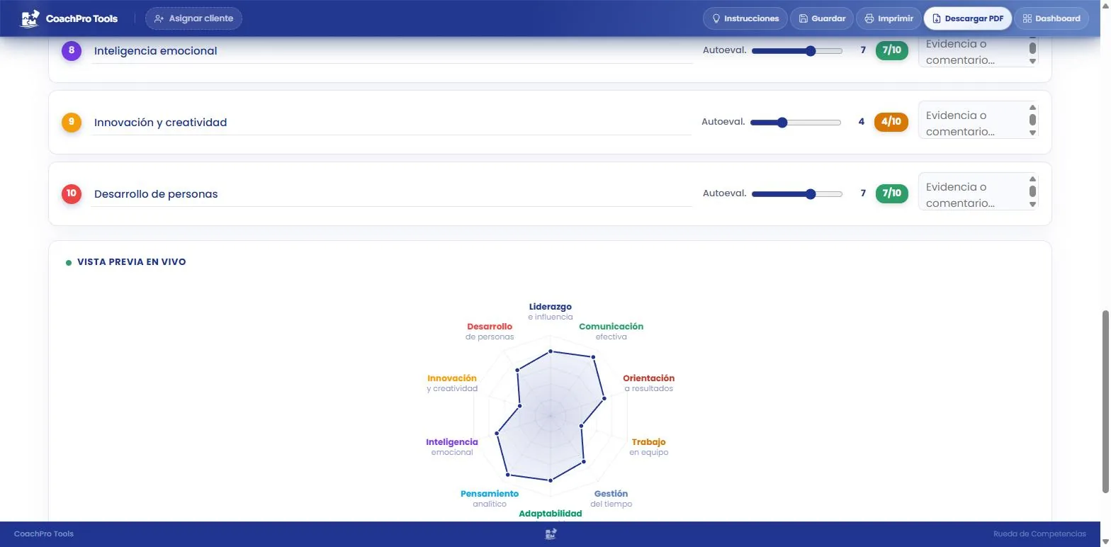 Herramienta interactiva de coaching con gráfico radar moviéndose en vivo durante la sesión