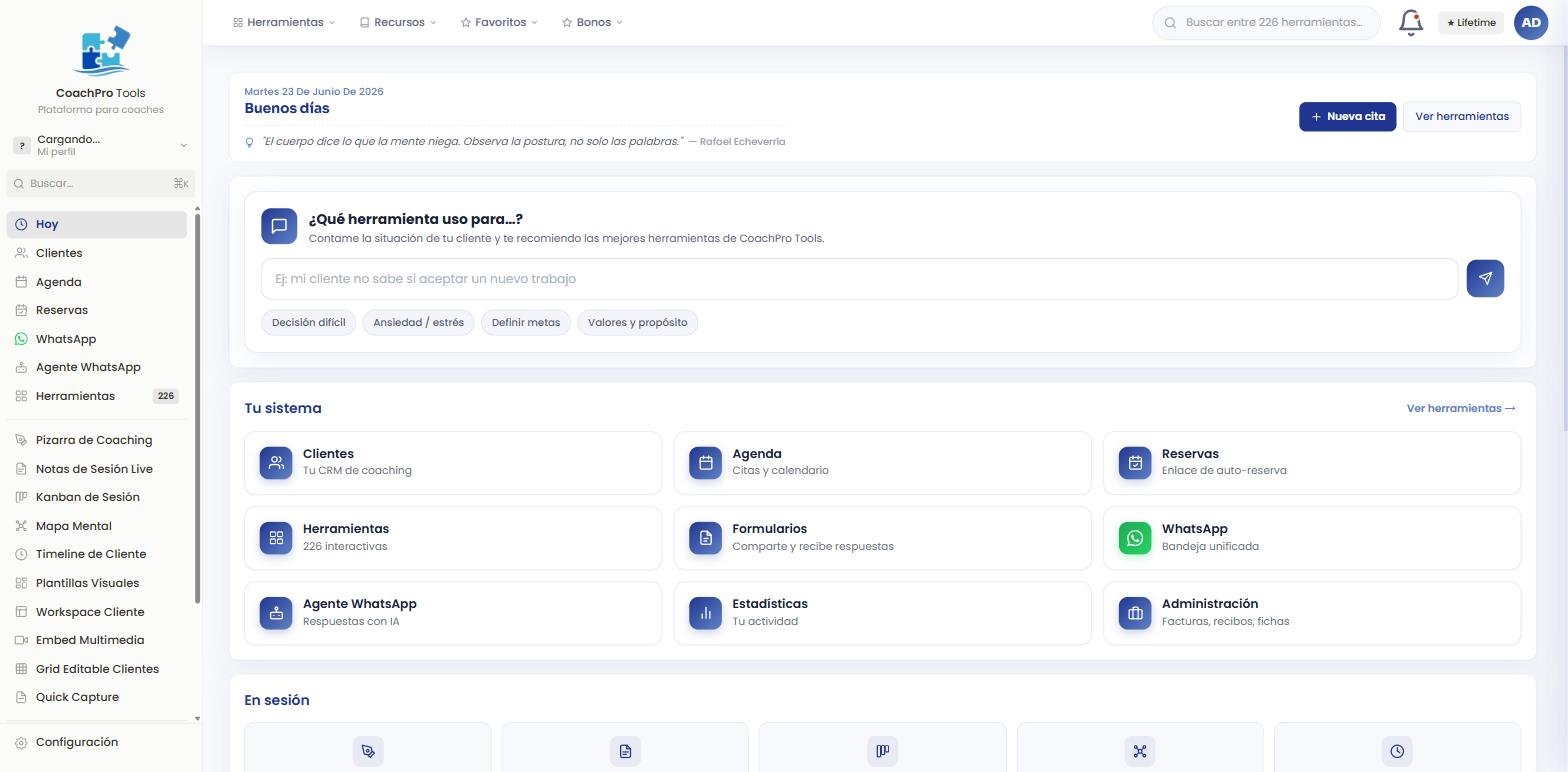 Dashboard de CoachPro Tools con todos los módulos
