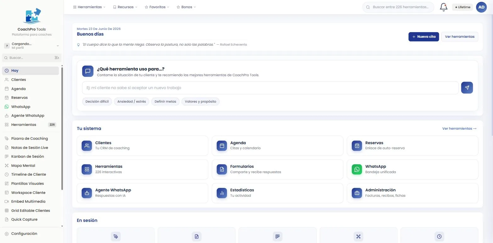 Vista Hoy del nuevo dashboard con módulos, recomendador de herramientas y próximas citas