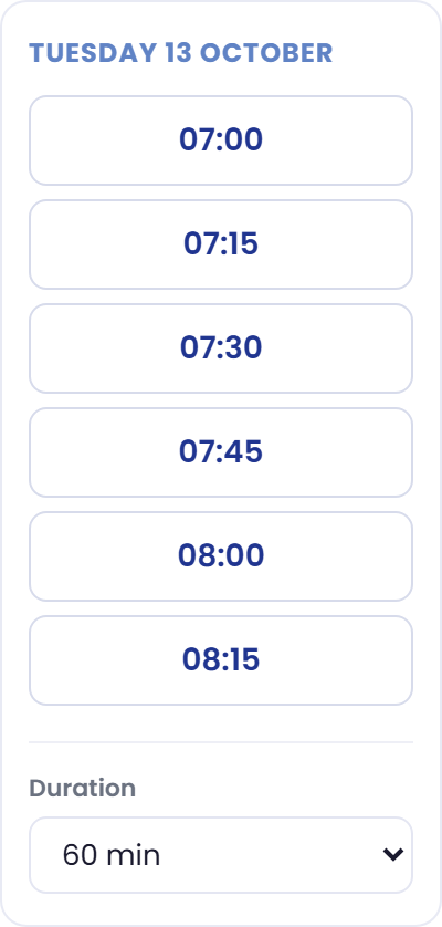 Times for the selected day.