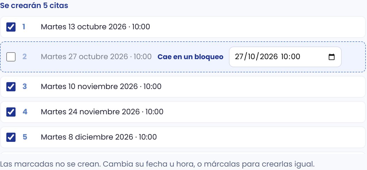 Vista previa de fechas y choques.