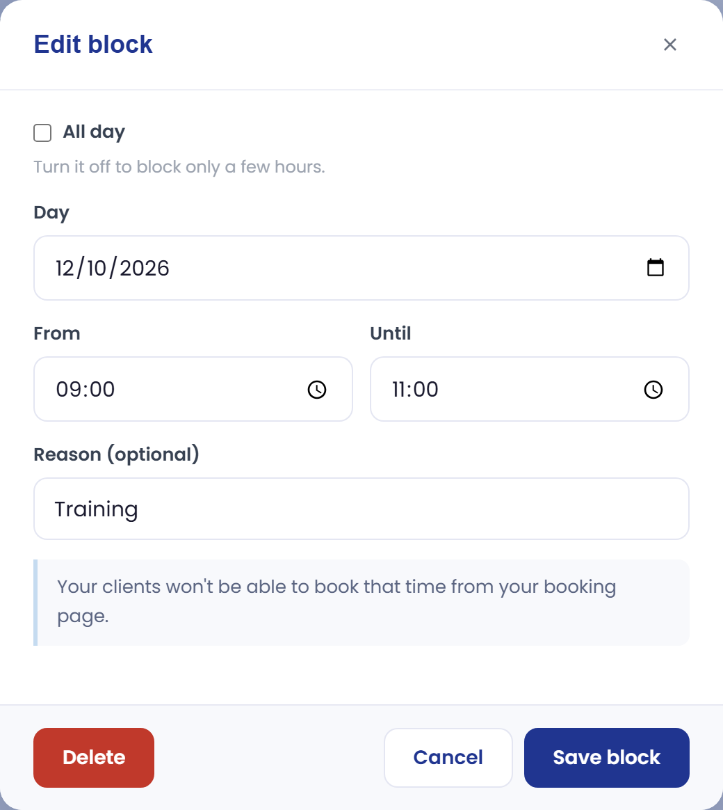 Window for editing an existing block.