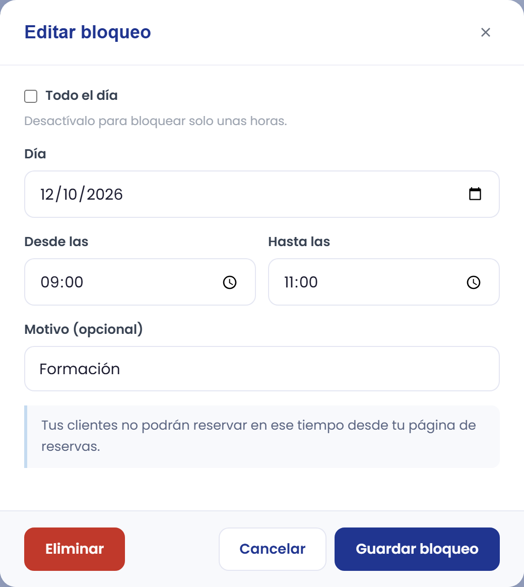Ventana para editar un bloqueo existente.