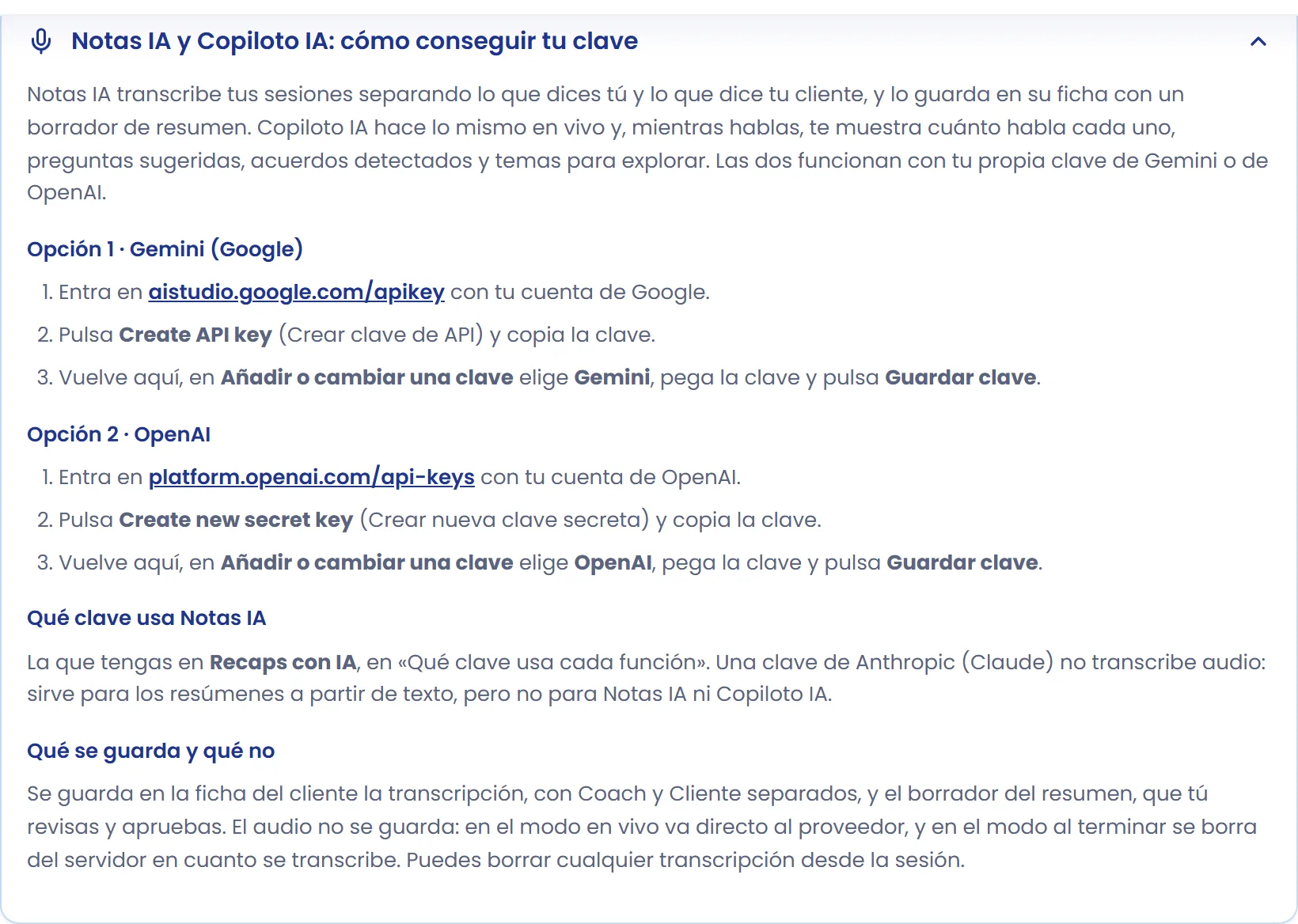 Configuración › IA, con la guía desplegada