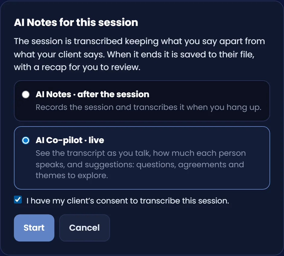 AI Notes or AI Co-pilot, and the consent box
