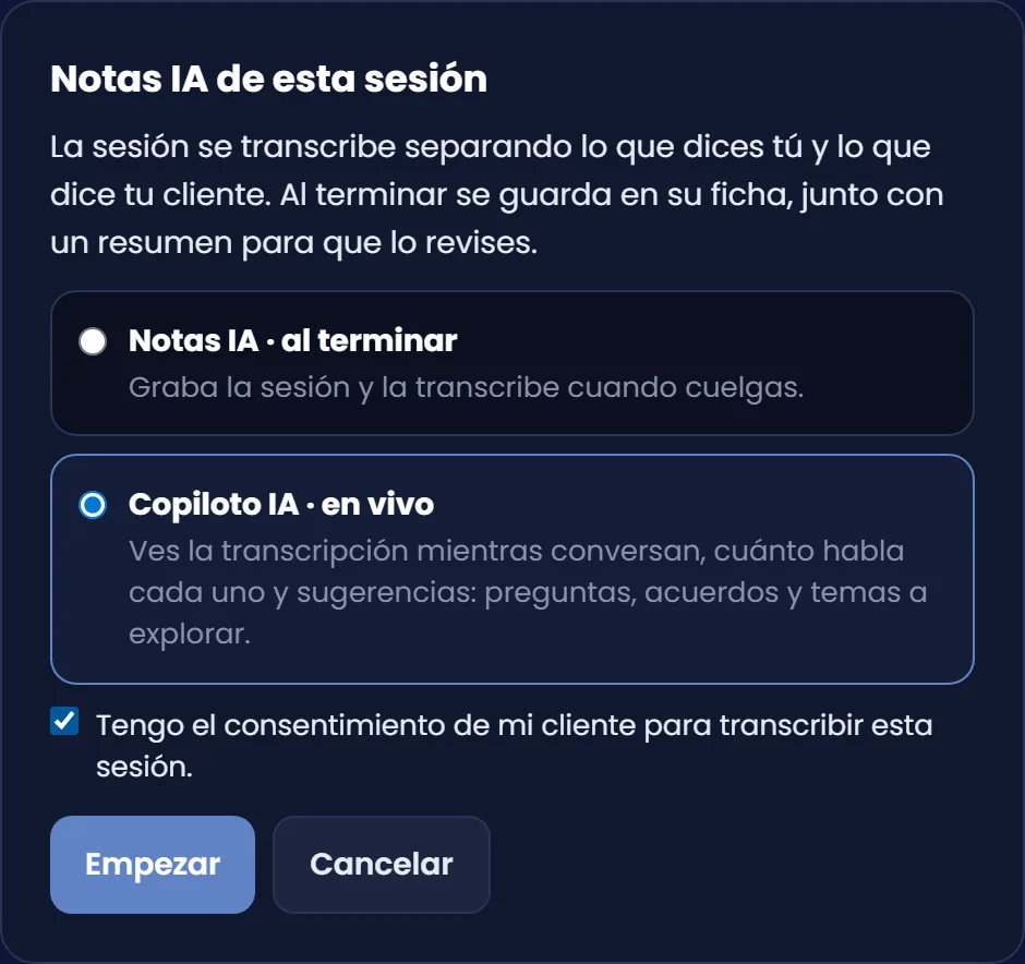 Notas IA o Copiloto IA, y la casilla de consentimiento