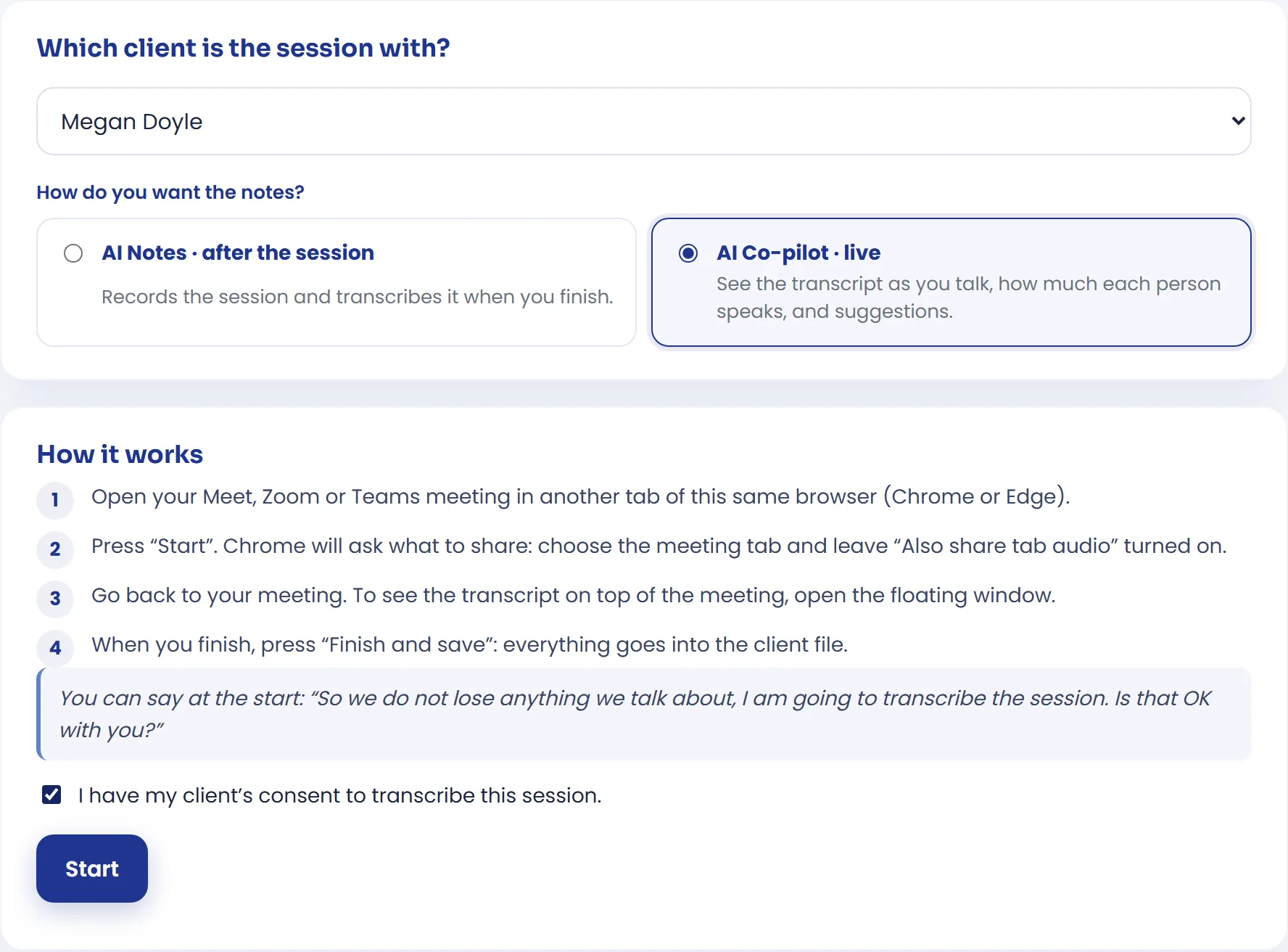 Client, mode and consent in Session notes