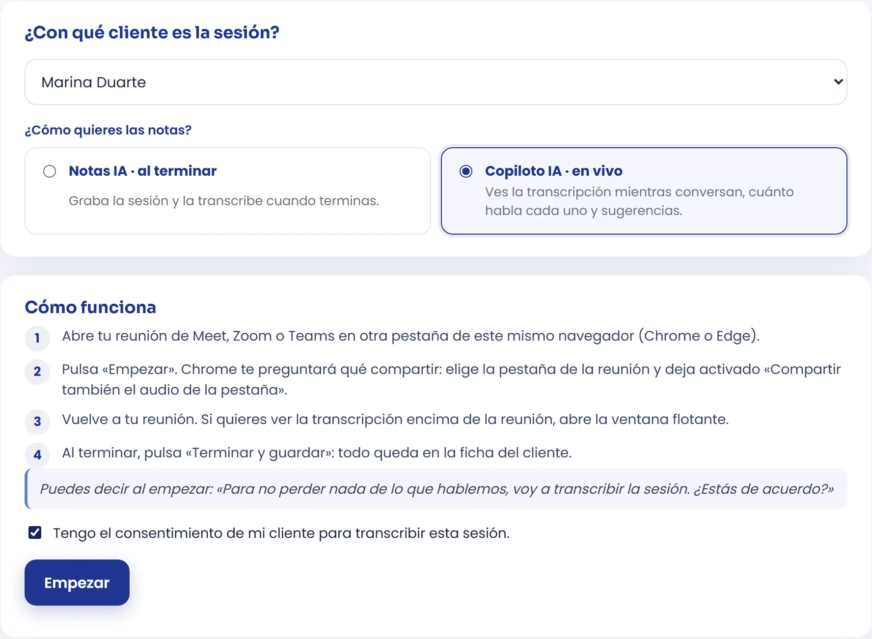 Cliente, modo y consentimiento en Notas de sesión