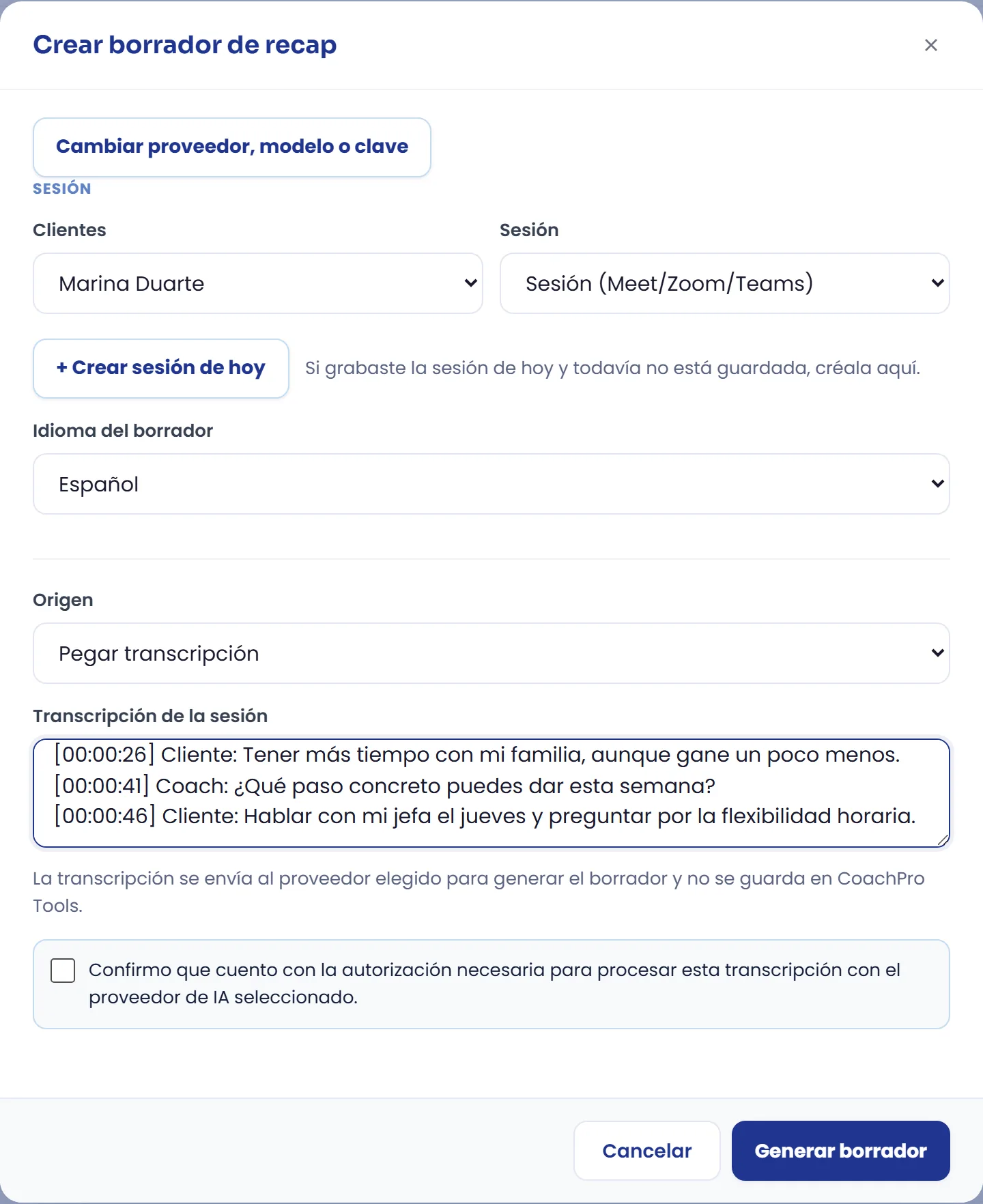 El recap con la transcripción ya pegada