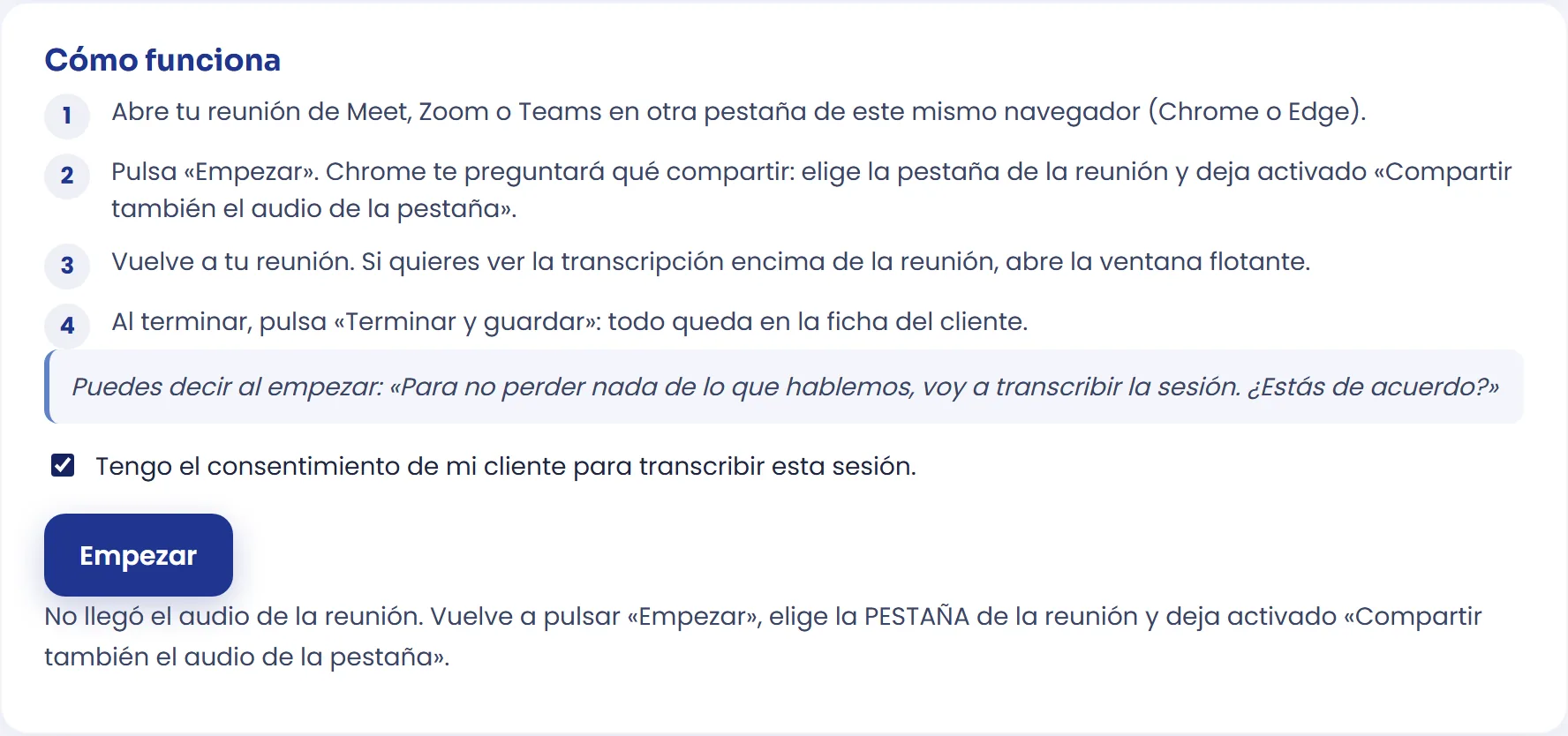 Si no llega el audio de la reunión
