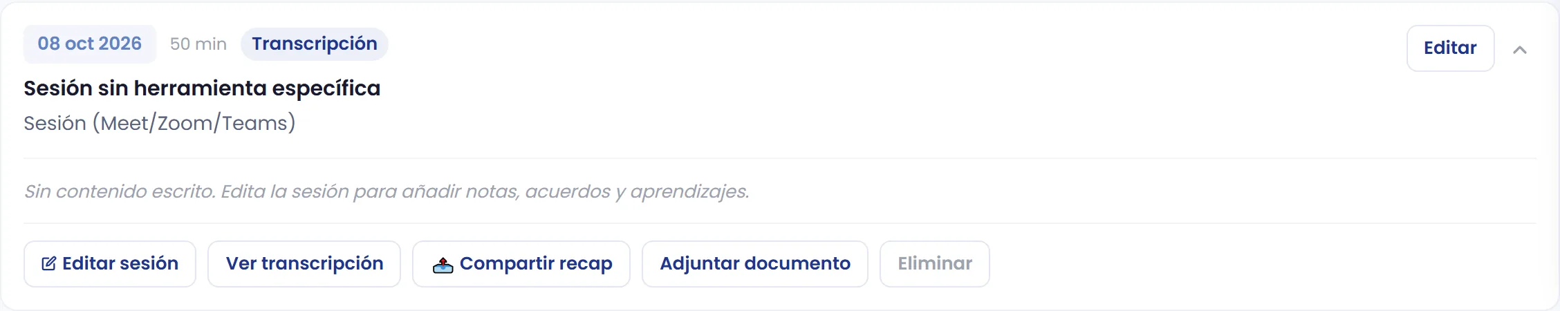 Una sesión con transcripción en el historial