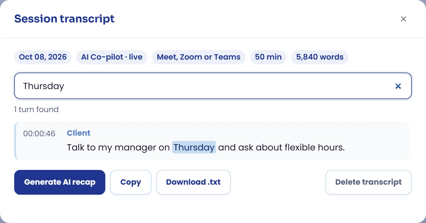 The transcript, with Coach and Client kept apart