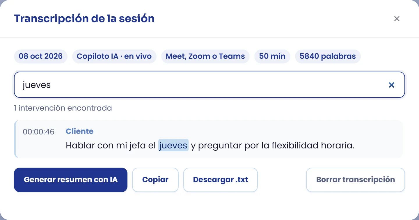 La transcripción, con Coach y Cliente separados