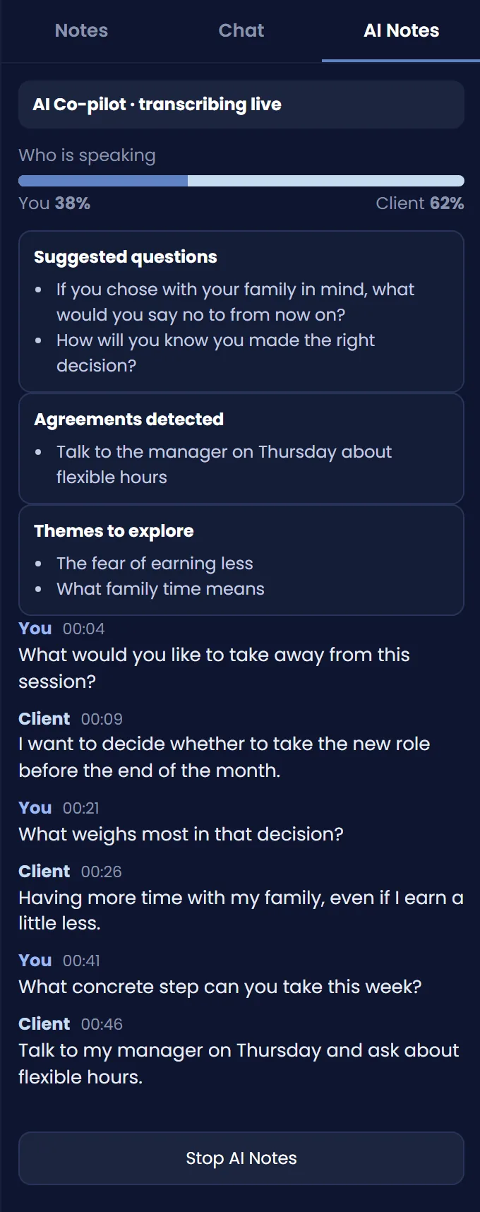 AI Co-pilot live: who is speaking, suggestions and transcript