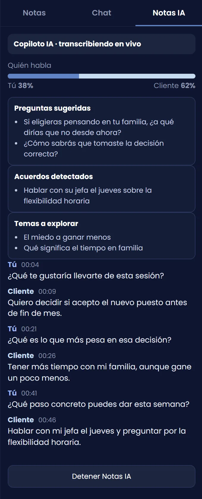 Copiloto IA en vivo: quién habla, avisos y transcripción