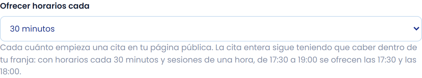 El intervalo de inicio no cambia la duración de la cita.