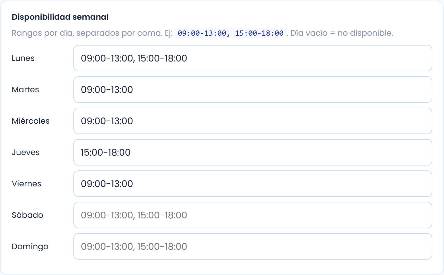 Cada fila corresponde a un día de la semana.