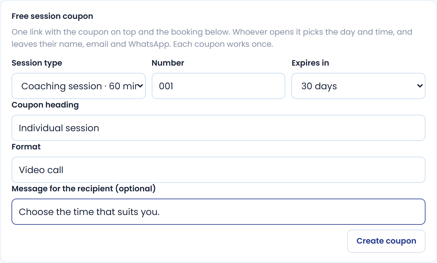 The coupon form, filled with example details.