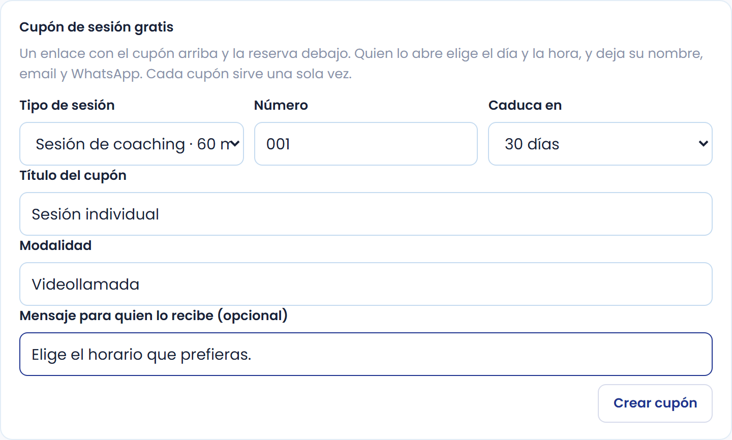 Formulario del cupón, con datos de ejemplo.