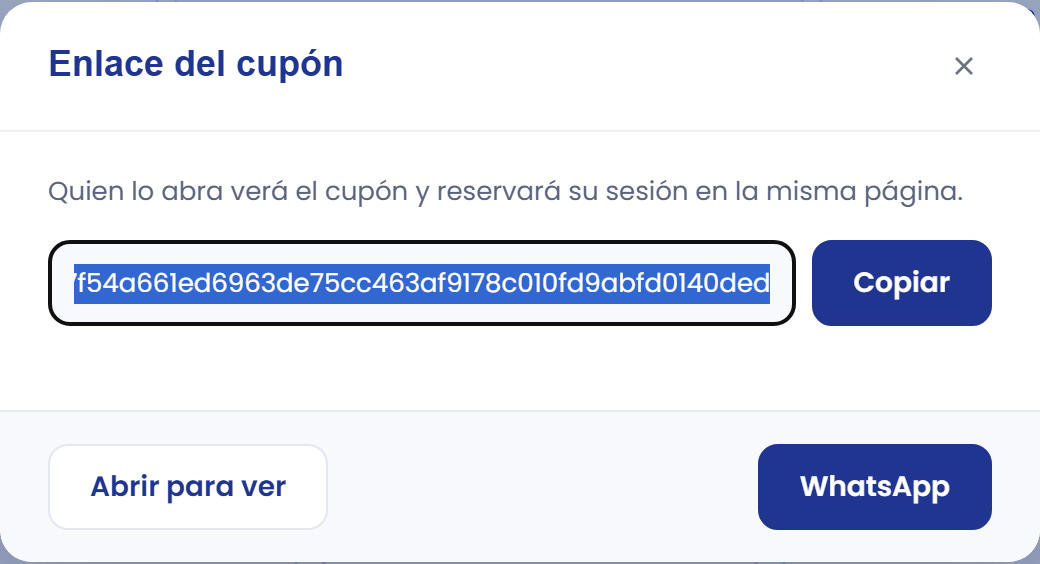 Ventana con el enlace del cupón creado.